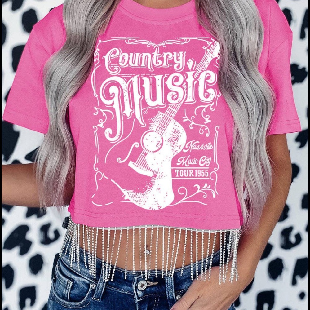Pink Country Music Graphic Print Rhinestone Fringed Crop Top